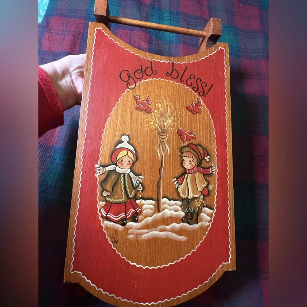Vintage Wooden Holiday Folk Art Sled Decor